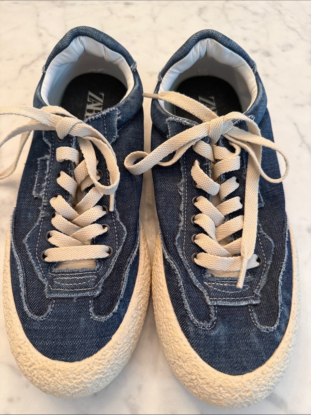 Zara Denim Lace-Up Kids Sneakers in Blue and Cream